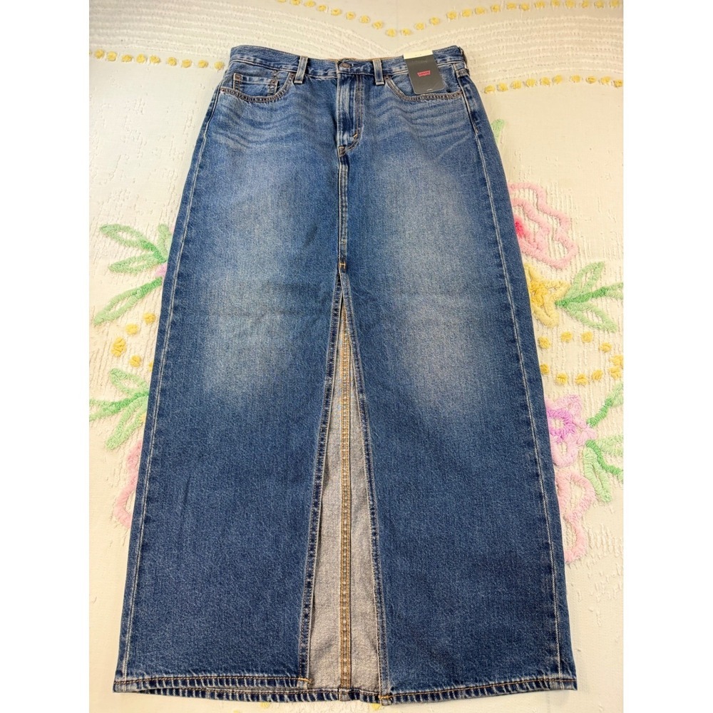 Levi's Premium Women's Long Denim Maxi Skirt Front Slit Blue Wash‎ Size 29 NWT